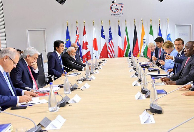  G7, summit, liberal order, climate change, tensions, communique, Macron, Zarif, Johnson, trade deal, EU, reality, Kashmir